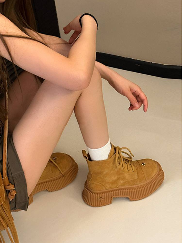 Wu Xuanyi, the same inner, increasing high yellow boots, female small 2024 spring and autumn boots leather thick bottom retro Martin boots