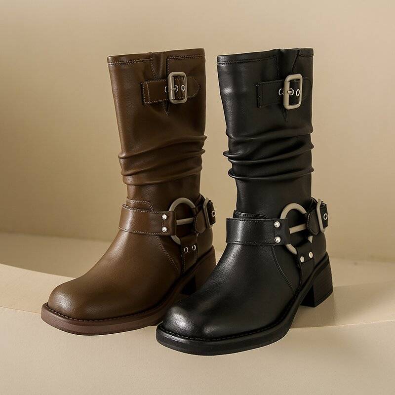 Belle retro leather western denim boots pile boots in the middle tube boots female high tube punk motorcycle knight boots