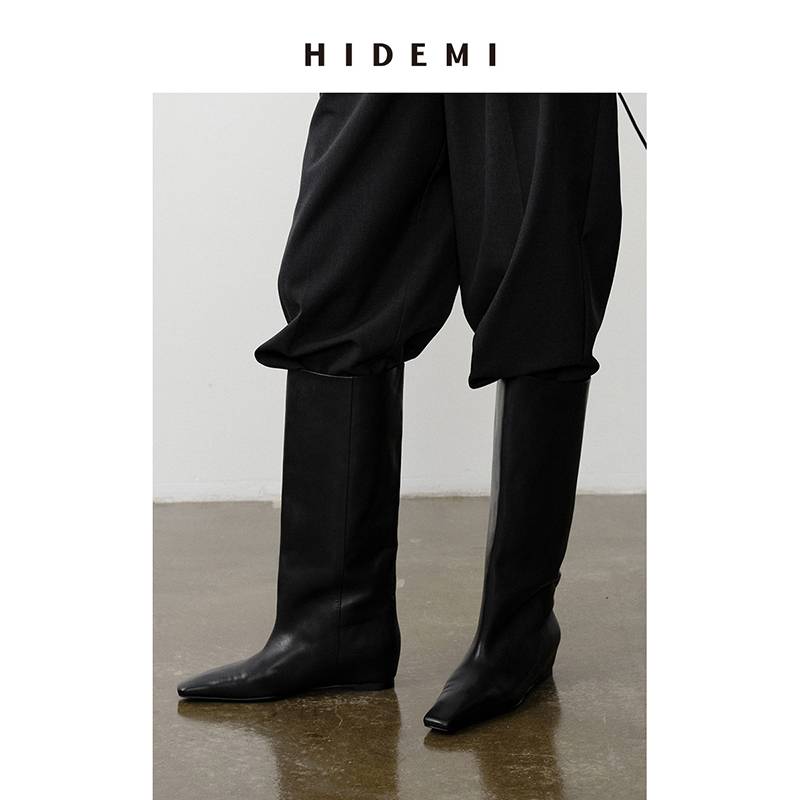 HIDEMI cowhide classic square pointed pointed hidden heights heel boots and boots boots