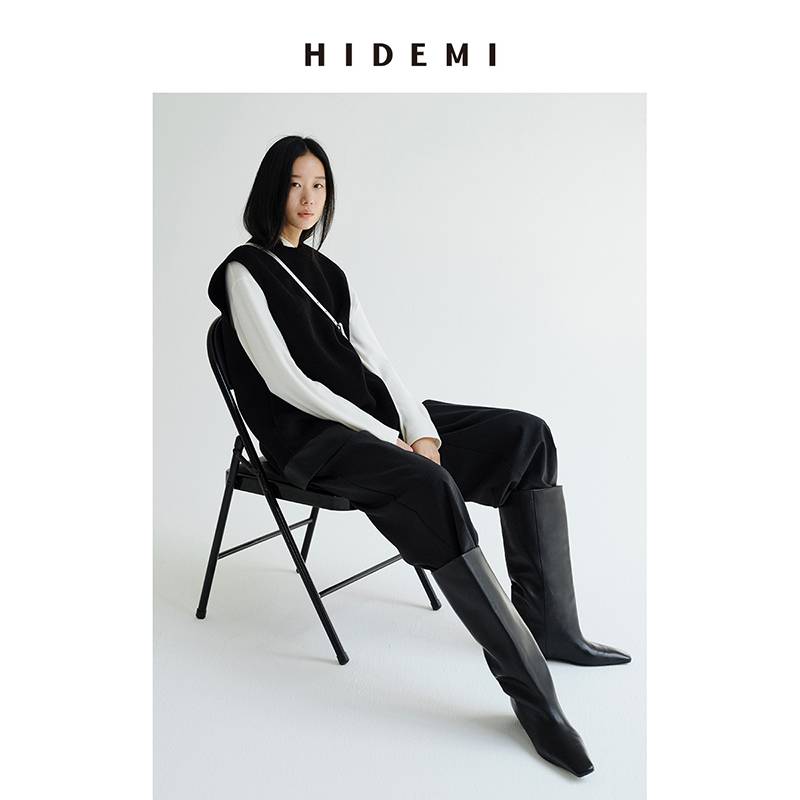 HIDEMI cowhide classic square pointed pointed hidden heights heel boots and boots boots