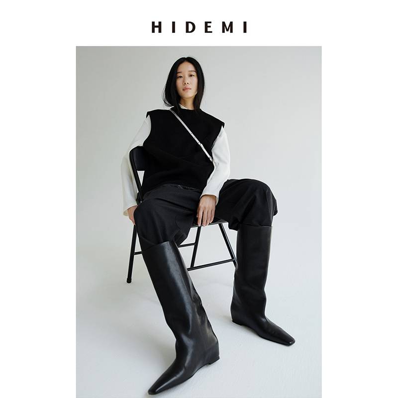 HIDEMI cowhide classic square pointed pointed hidden heights heel boots and boots boots
