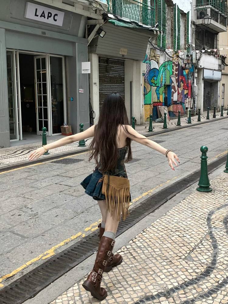 MIU boots children summer long boots, brown thick heel knight boots, leather retro Mirade Western denim boots in the western part
