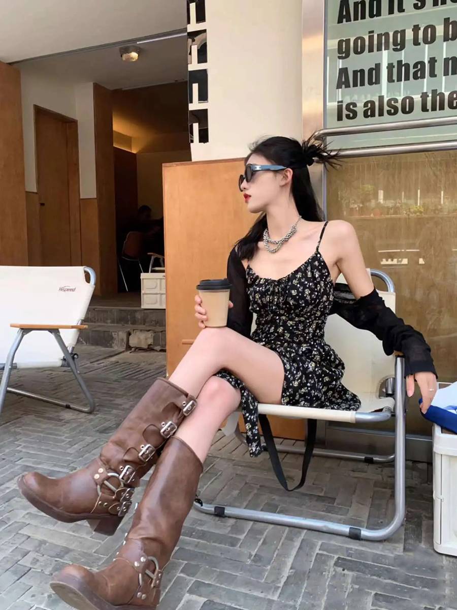MIU boots children summer long boots, brown thick heel knight boots, leather retro Mirade Western denim boots in the western part