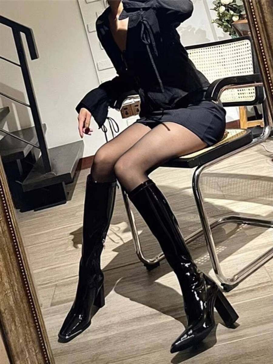 Xiuyan Dadong Ken Dou's same boots, high -pipe boots, female new little small black patent leather high -heeled thin knight boots