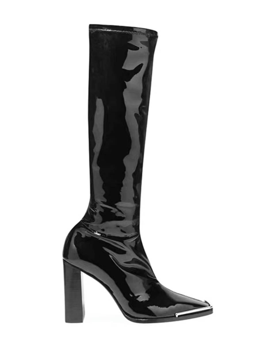 Xiuyan Dadong Ken Dou's same boots, high -pipe boots, female new little small black patent leather high -heeled thin knight boots