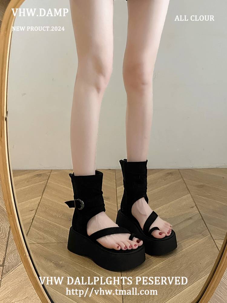 Thick bottom heights of toe sandals women summer 2024 new fashion versatile foot sandwood beach short boots