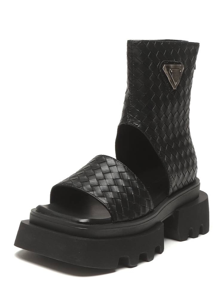 Pine cake thick bottom open -toe short tube hollow Martin boots women's model 2024 new woven Roman sandals children