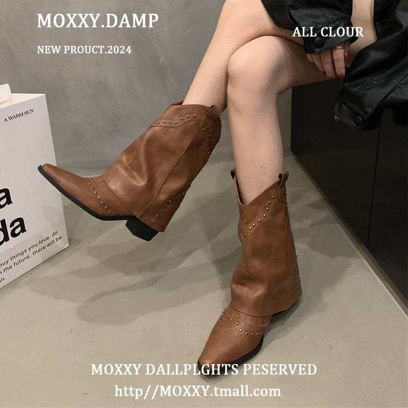 Retro rivet pointed western denim Martin boots 2024 summer new design sense long tube showing thin knight boots