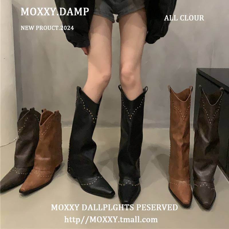 Retro rivet pointed western denim Martin boots 2024 summer new design sense long tube showing thin knight boots