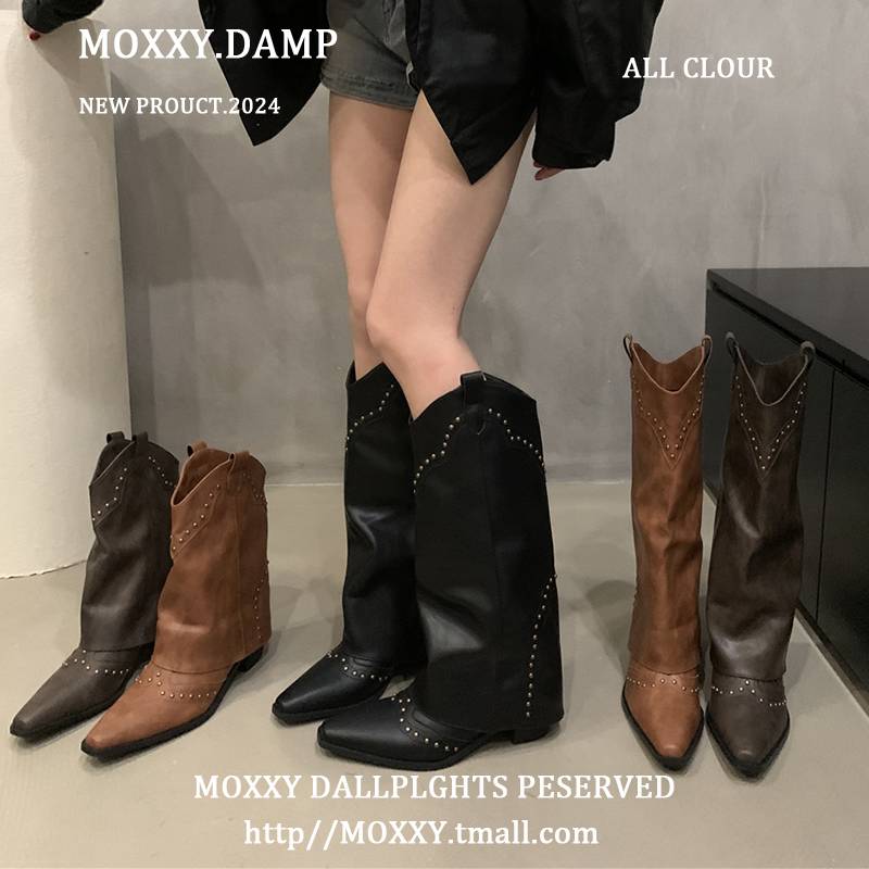 Retro rivet pointed western denim Martin boots 2024 summer new design sense long tube showing thin knight boots