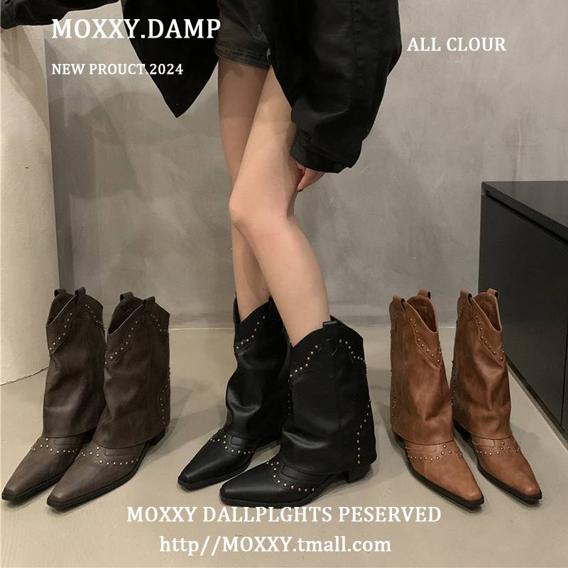Retro rivet pointed western denim Martin boots 2024 summer new design sense long tube showing thin knight boots