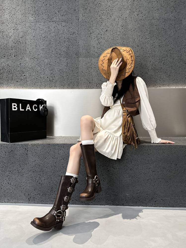 Brown Western denim boots 2024 new summer wild leather square head retro knights but knee long boots women