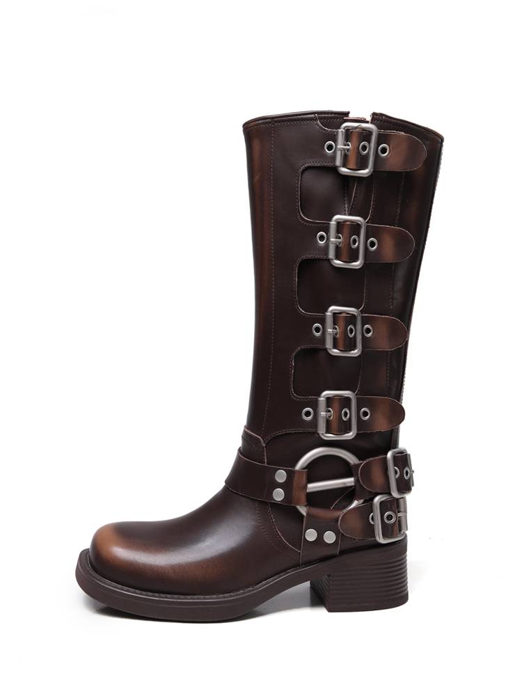 Brown Western denim boots 2024 new summer wild leather square head retro knights but knee long boots women