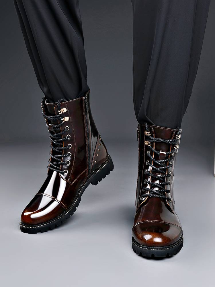 Men's shoes leather Martin boots men's high -top British trendy men's boots plus velvet warming locomotive increase leather boots patent leather