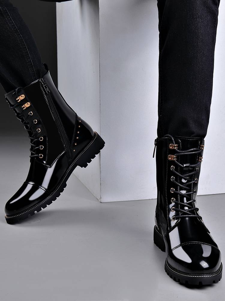 Men's shoes leather Martin boots men's high -top British trendy men's boots plus velvet warming locomotive increase leather boots patent leather