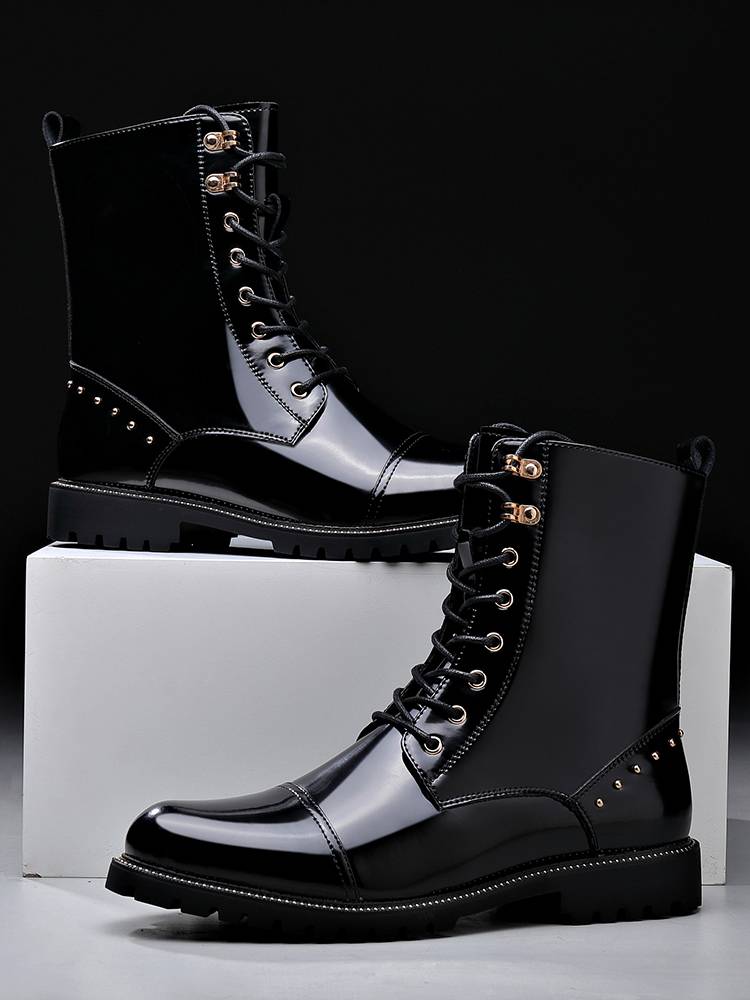 Men's shoes leather Martin boots men's high -top British trendy men's boots plus velvet warming locomotive increase leather boots patent leather