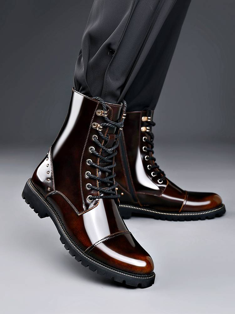 Men's shoes leather Martin boots men's high -top British trendy men's boots plus velvet warming locomotive increase leather boots patent leather