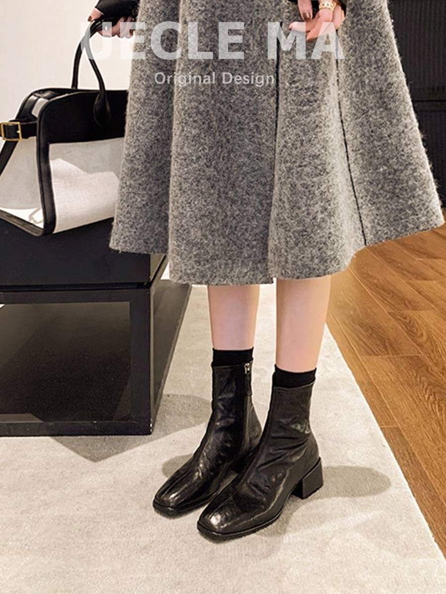 Cowhide ~ Short boots 2023 new autumn and winter small ankle boots Martin boots Chelsea thin boots French high heels