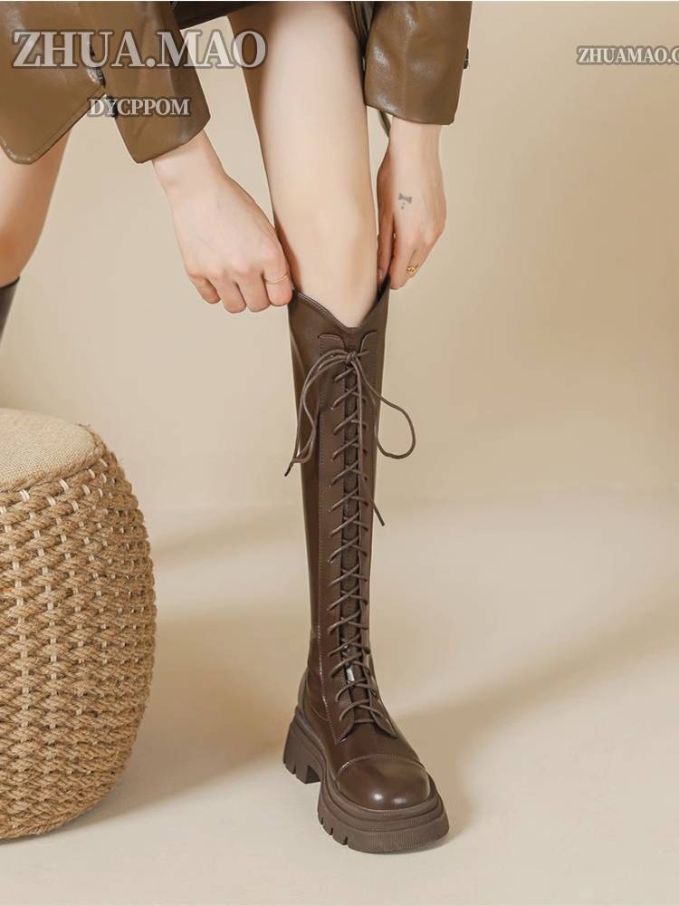 Brown V in -long boots female 2024 autumn and winter new models, but knee high knight boots thick bottom small Martin boots