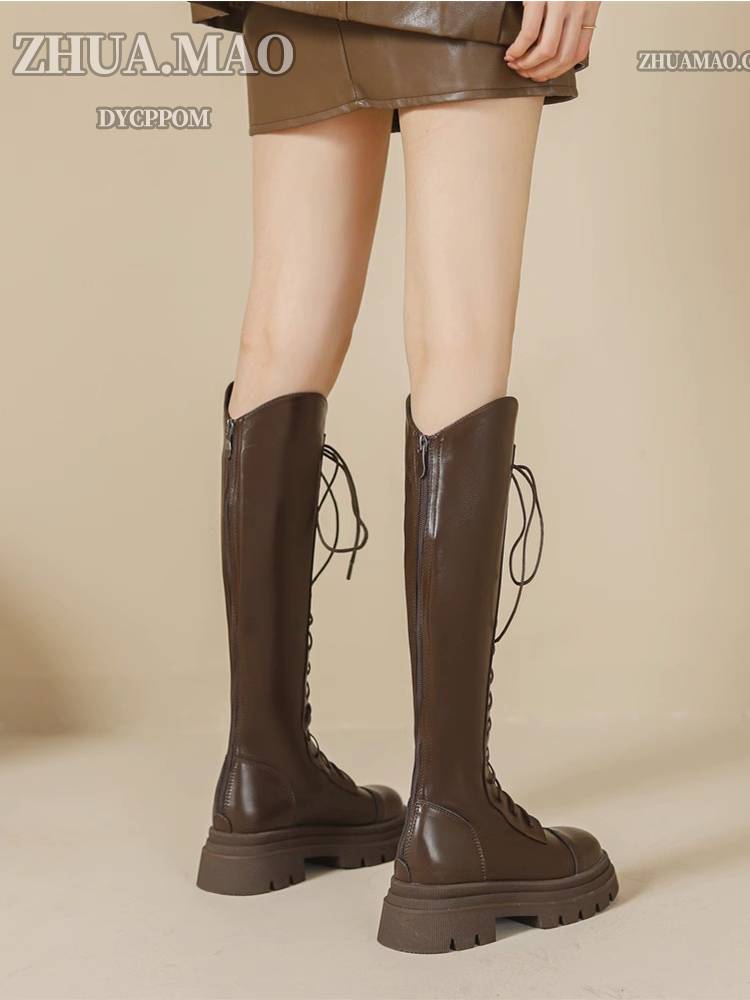 Brown V in -long boots female 2024 autumn and winter new models, but knee high knight boots thick bottom small Martin boots