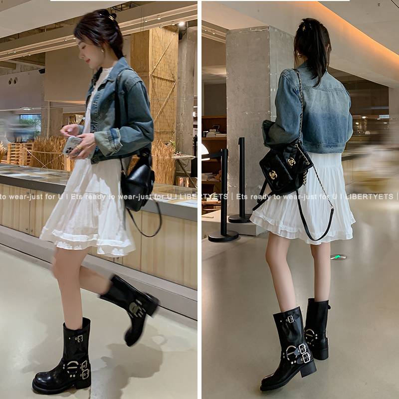 Chiang Xiao Yi's new 2024 Martin Boots Girl's Skin and Short Boots Metal with Spring and Summer Boots Boots Boots Boots