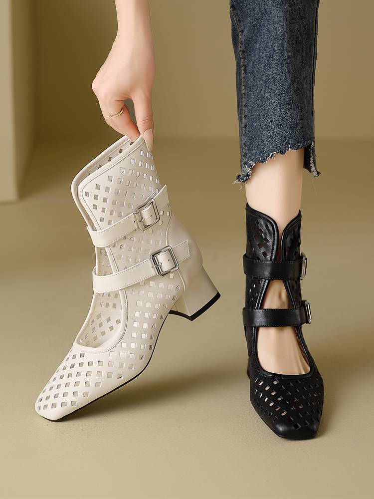 Summer hollow short boots female 2024 new leather thick heel ladies ladies boots thin breathable Martin boots fashion sandals