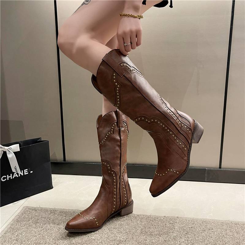 Hei Sui Same Boot 2024 New Carsely Retro Retro Western denim boots Embroidery High Capital Boots V