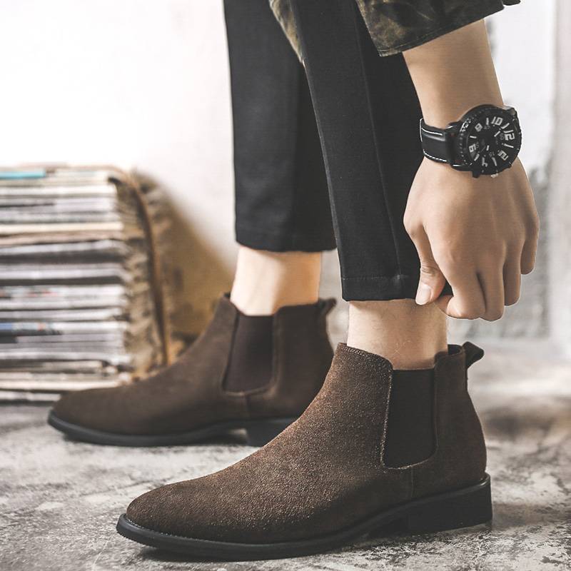 Chelsea boots men's summer breathable British wind pointed wool leather boots high -top leather shoes increase high school help Martin boots