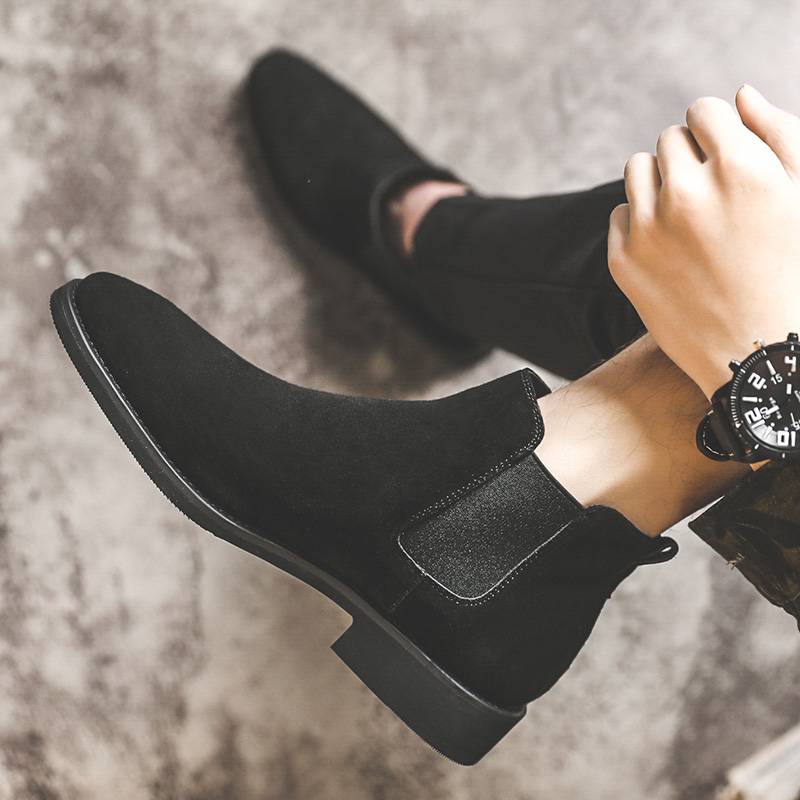 Chelsea boots men's summer breathable British wind pointed wool leather boots high -top leather shoes increase high school help Martin boots