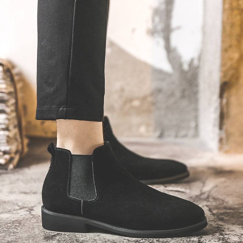 Chelsea boots men's summer breathable British wind pointed wool leather boots high -top leather shoes increase high school help Martin boots