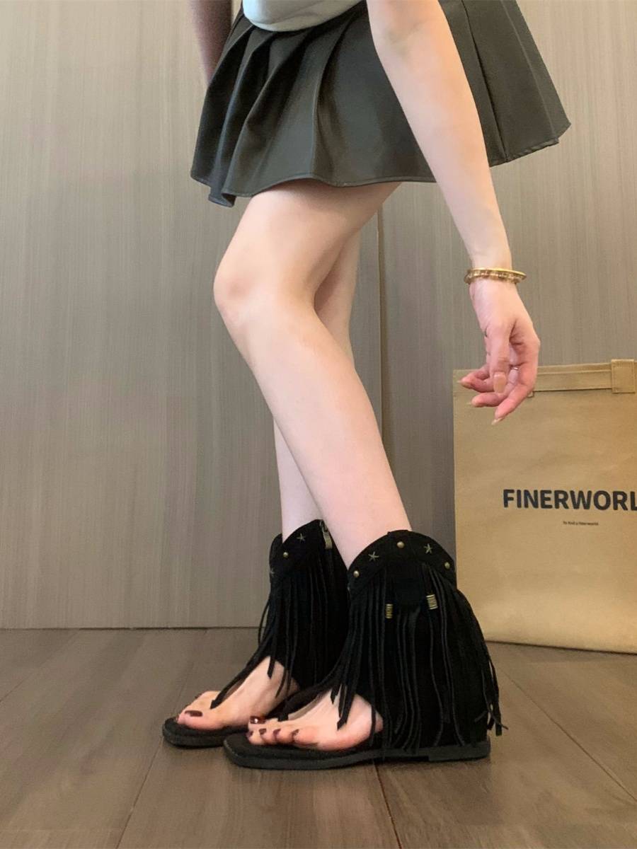 Inner increase of brown clip -toe juper -boots children's shoes 2024 Summer mid -tube Xinjiang tourism wear western denim boots in the western part