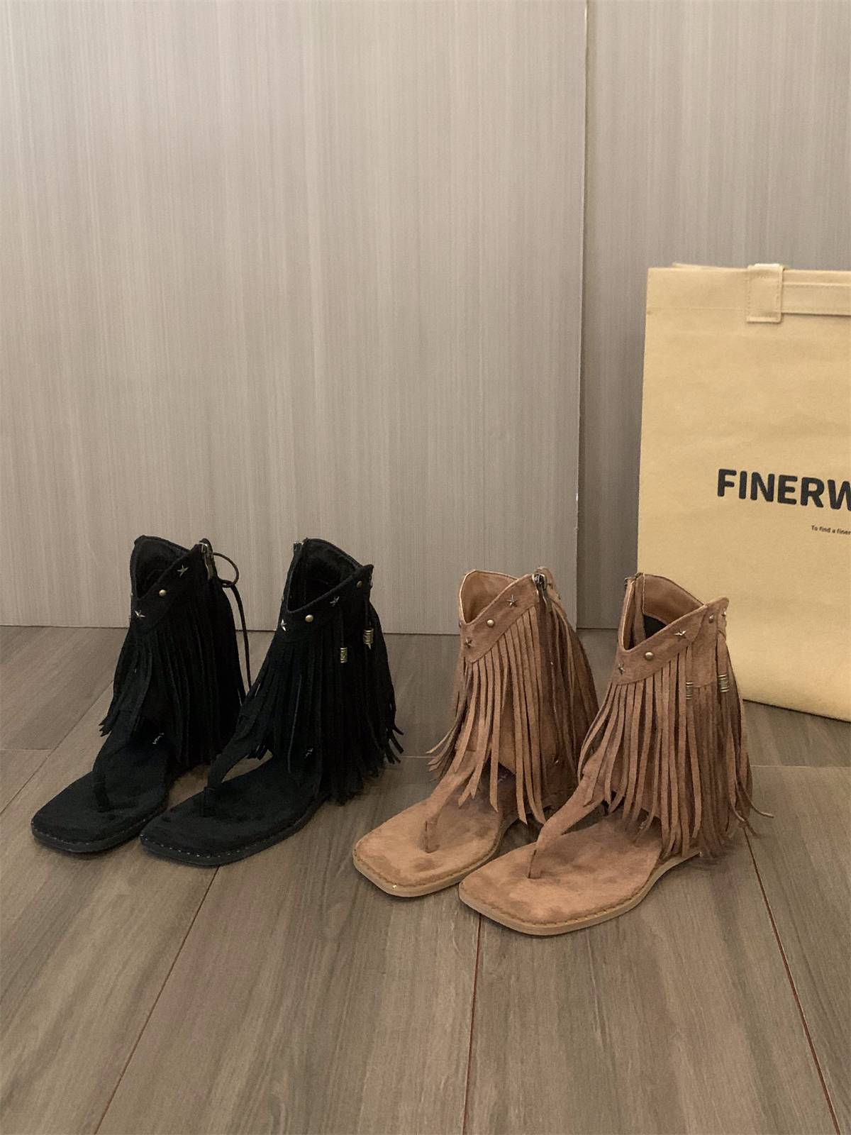 Inner increase of brown clip -toe juper -boots children's shoes 2024 Summer mid -tube Xinjiang tourism wear western denim boots in the western part