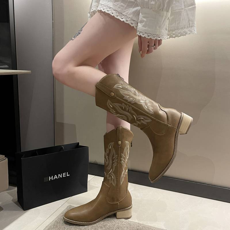 Retro embroidery Western denim boots short boots female boots pointed vitrus vita thin mid -tube Martin boots high tube knight boots