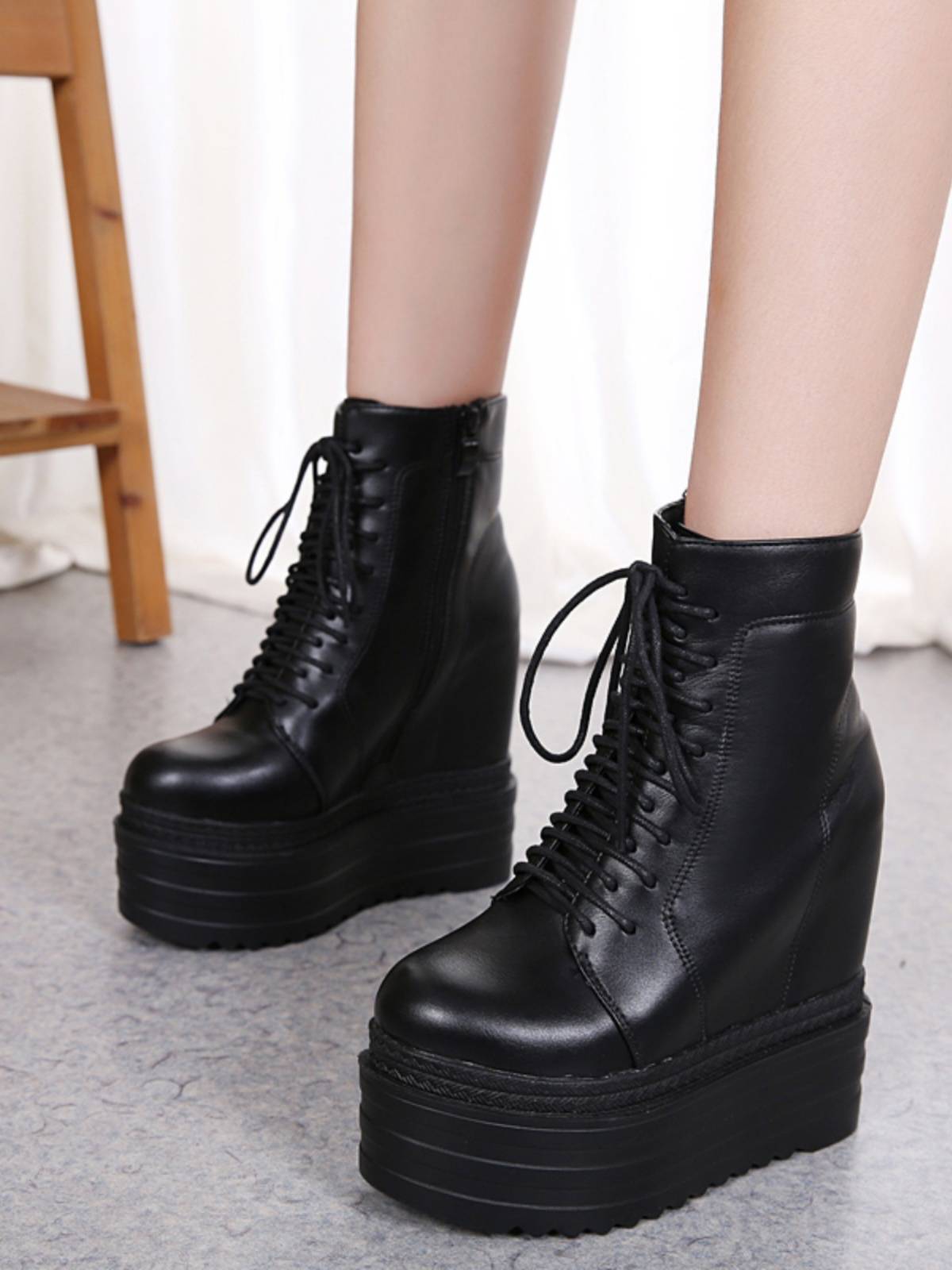 14cm sloped heel boots increased thick -bottom Martin boots nightclub sexy front lace round head ultra -high heel women's boots