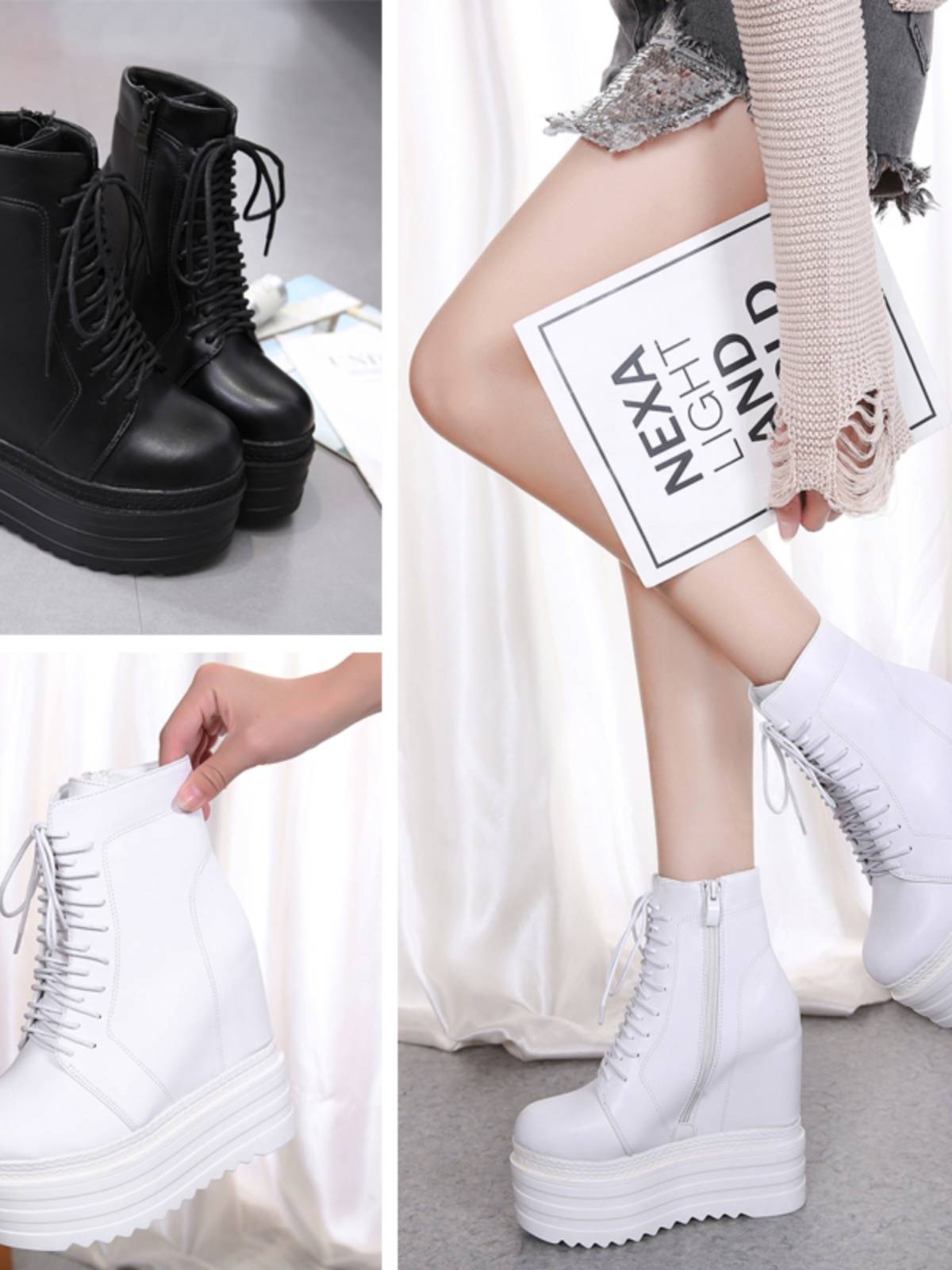 14cm sloped heel boots increased thick -bottom Martin boots nightclub sexy front lace round head ultra -high heel women's boots