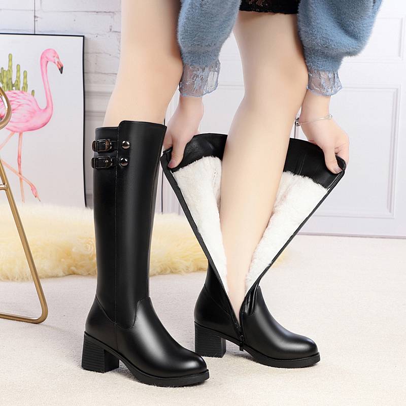 Yizhen Kang Kang leather woolen cotton boots large size long boots children's winter horse boots middle -aged lady leather boots high tube