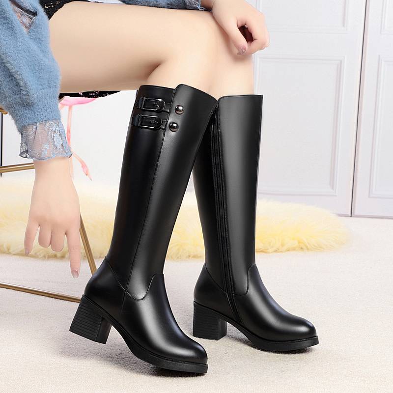 Yizhen Kang Kang leather woolen cotton boots large size long boots children's winter horse boots middle -aged lady leather boots high tube