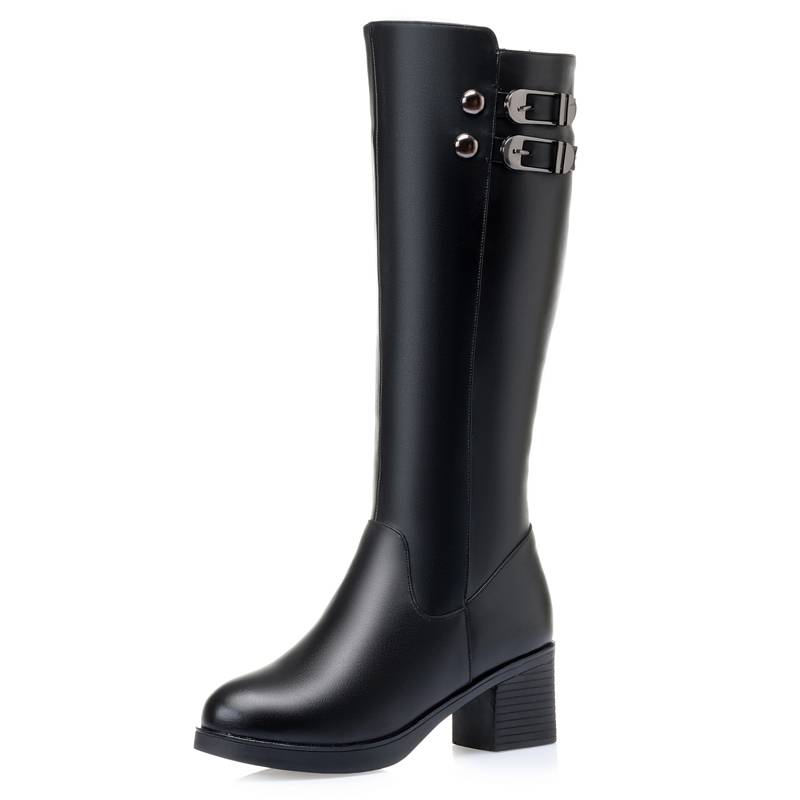 Yizhen Kang Kang leather woolen cotton boots large size long boots children's winter horse boots middle -aged lady leather boots high tube