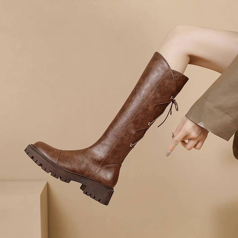 Giant showing thin and not picking leg type V mouth thick sole, lace -up boots 2024 spring and autumn western denim brown knight boots