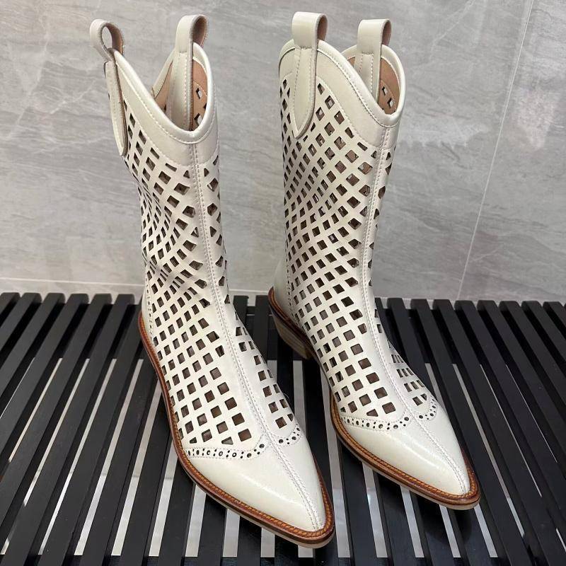 2023 new hollow cool boots female leather in summer thin air -breathable V mouth western denim net boots women's sandals