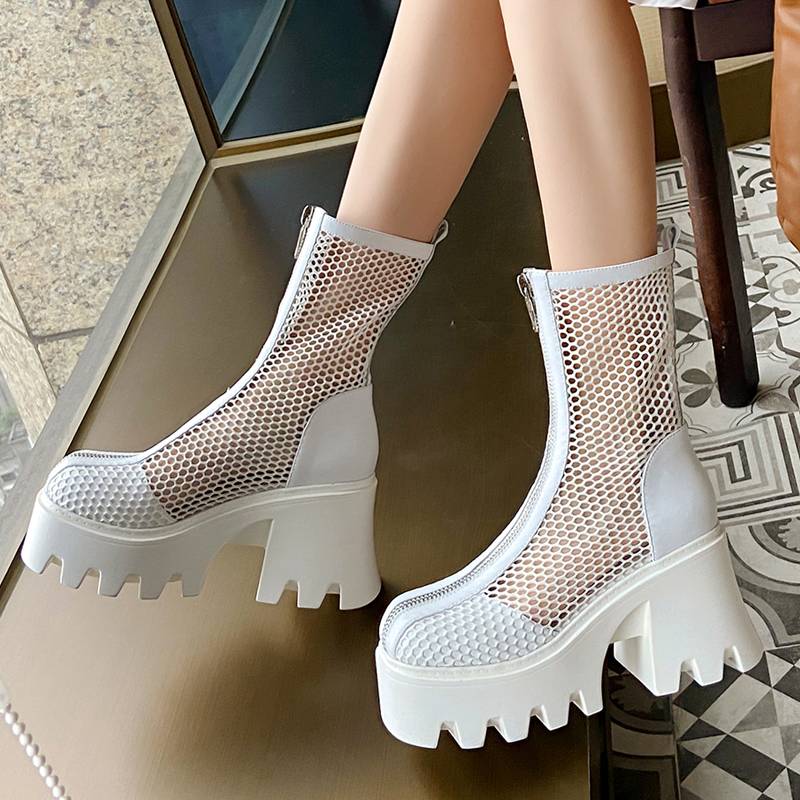Thick -bottom Martin boots female leather new thick heels and wild short net boots and lace boots high -heeled mesh spring and summer boots
