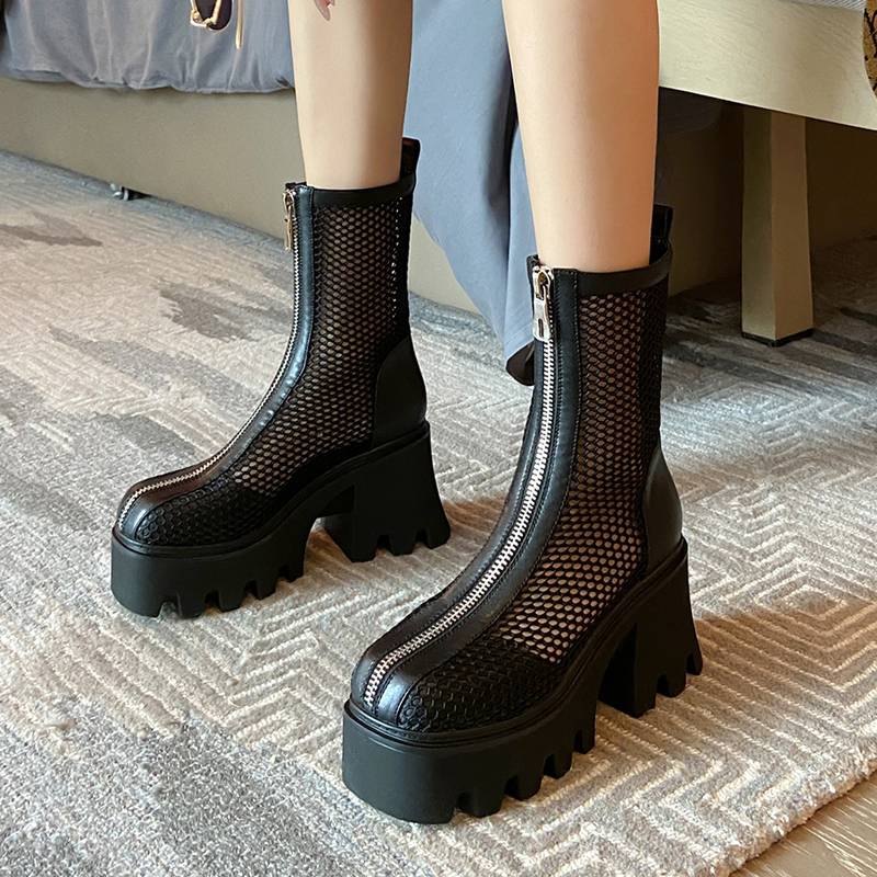 Thick -bottom Martin boots female leather new thick heels and wild short net boots and lace boots high -heeled mesh spring and summer boots