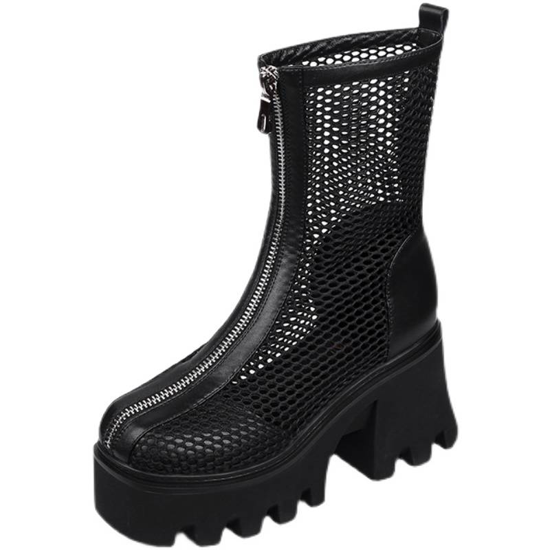 Thick -bottom Martin boots female leather new thick heels and wild short net boots and lace boots high -heeled mesh spring and summer boots