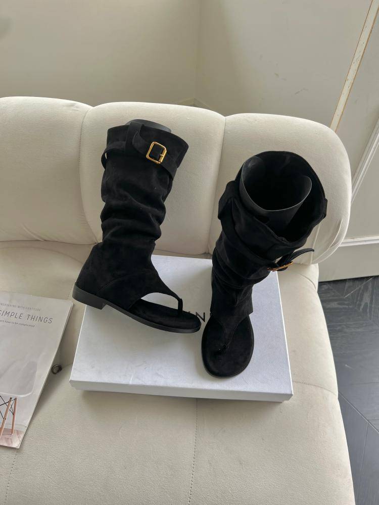 Flat Pile Boots Song Xixi 2024 new velvet head pinching toe -toe pinching cold boots and belt buckle Korean version boots