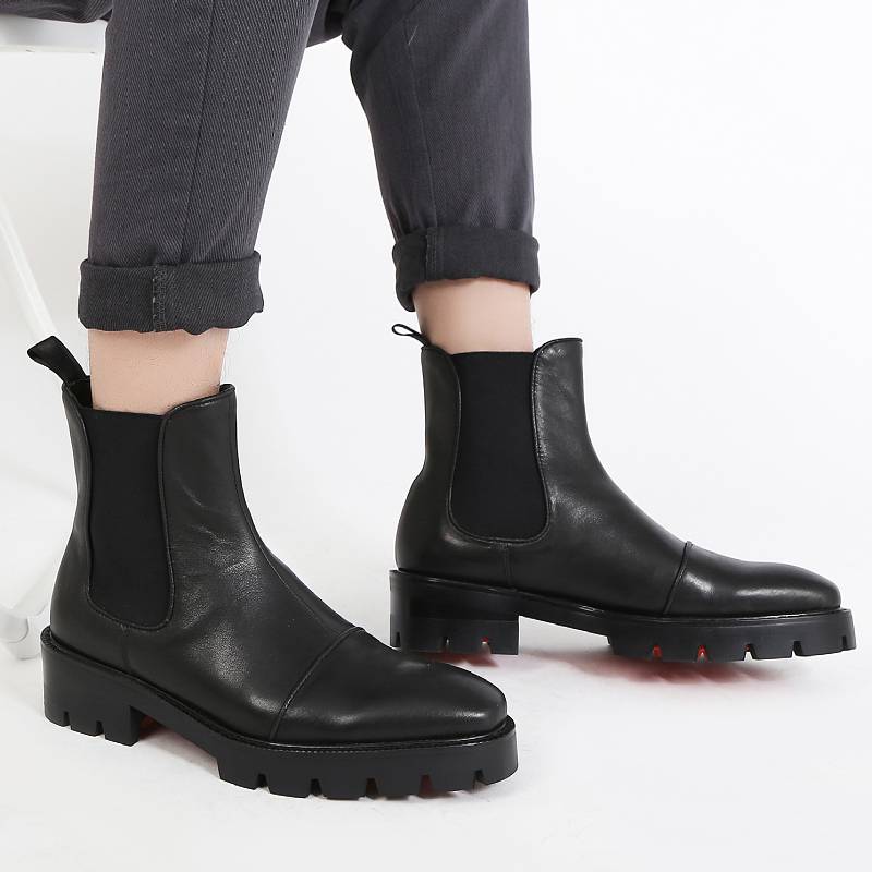 Men's high -heeled leather shoes, high -heeled boots, leather high -top men's toe -toe layer cowhide red bottom black Chelsea boots
