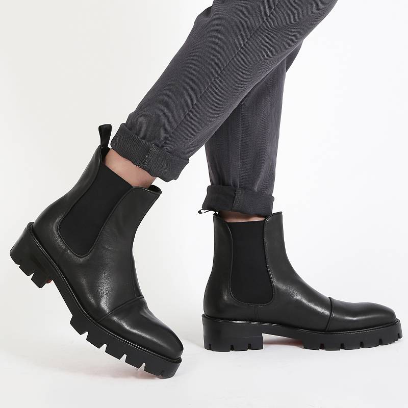 Men's high -heeled leather shoes, high -heeled boots, leather high -top men's toe -toe layer cowhide red bottom black Chelsea boots