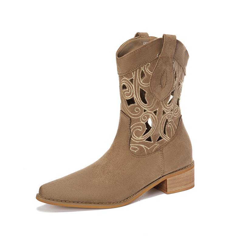 Inner increase of thick heel embroidery Western denim boots female summer hollow Martin boots, small boots, retro thin boots