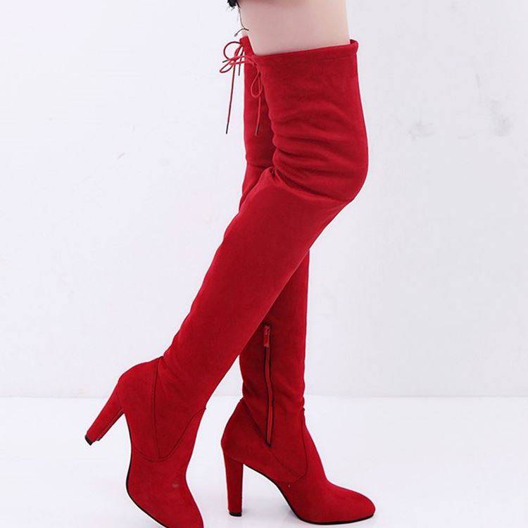 Long Boots Women Shoes European and American pointed thick heel -side zipper over -the -knee boots elastic boots female