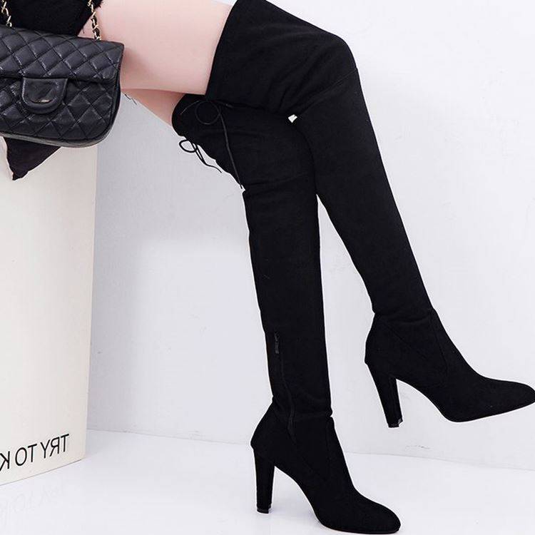 Long Boots Women Shoes European and American pointed thick heel -side zipper over -the -knee boots elastic boots female