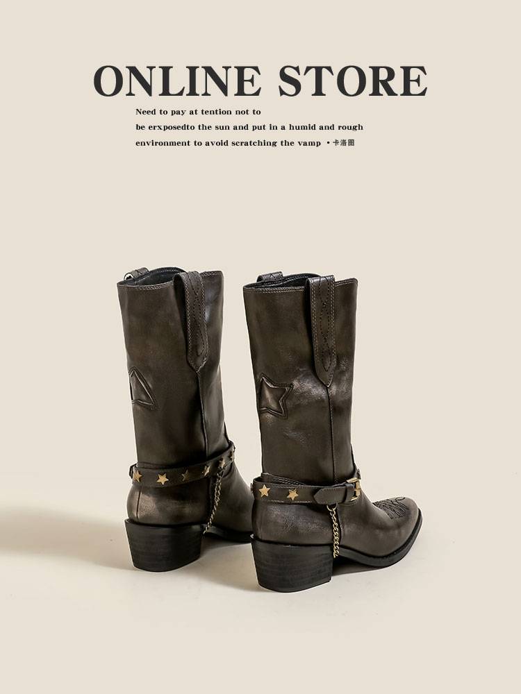 Carolt leather embroidery Western denim boots women's waste soil wind make old wipe -colored five -pointed pentagram mid -boots Martin boots